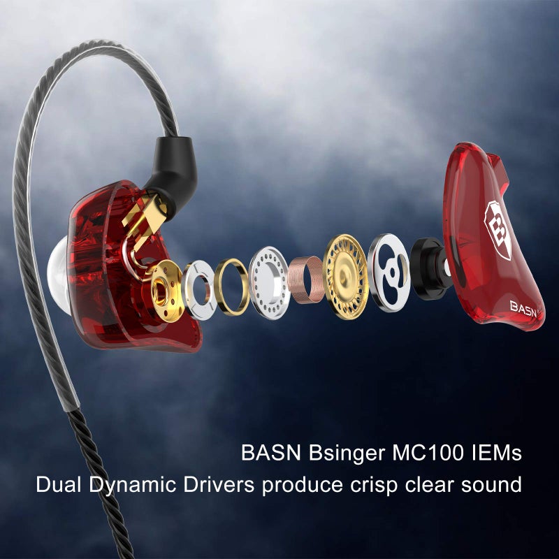BASN in-Ear Monitor Headphones Dual Dynamic Drivers IEM Earphones Detachable MMCX Cable Musicians Earbuds (MC100 Red/Blue, with Mic) - Image 2